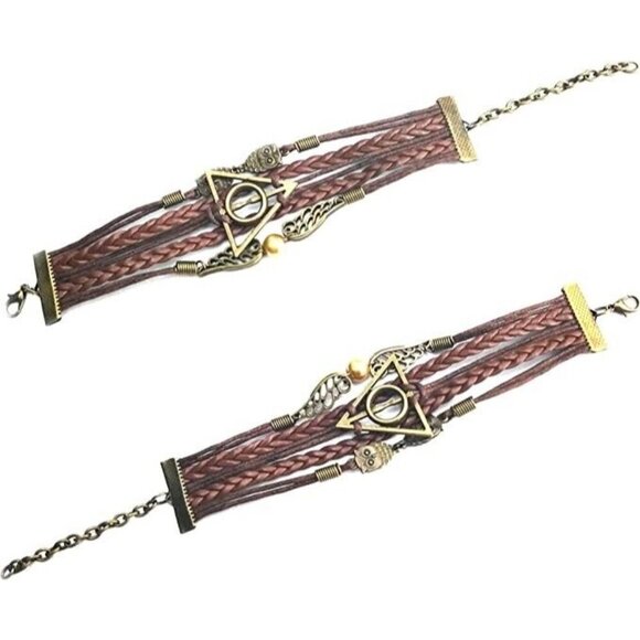 HARRY POTTER Bracelet Bronze Owls Wings Gold Pearl Deathly Hallows Charm - Picture 4 of 4